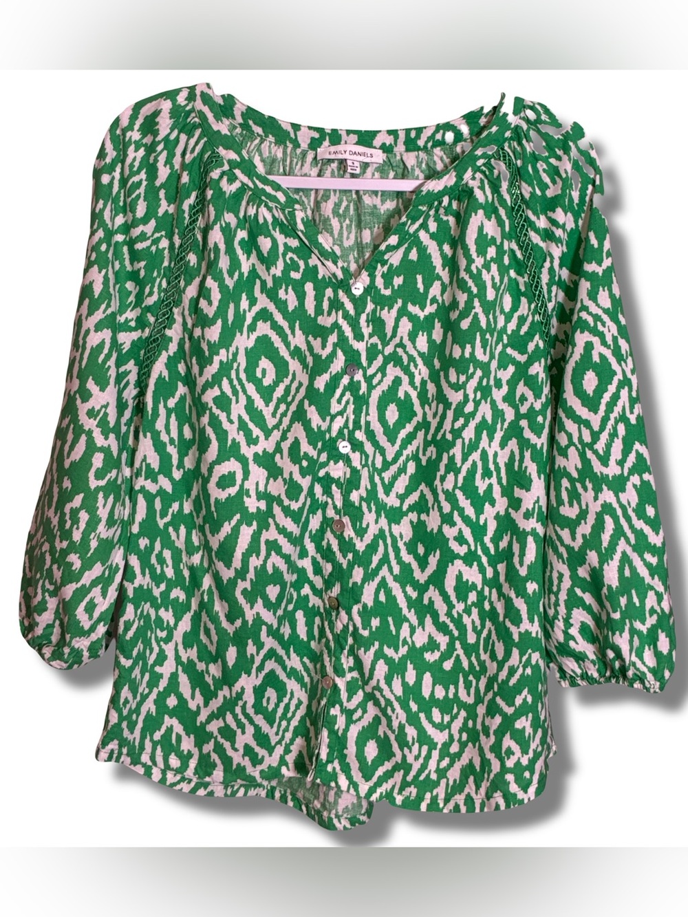 Emily Daniels Linen Blend Green Ikat‎ Button-Front Blouse Small